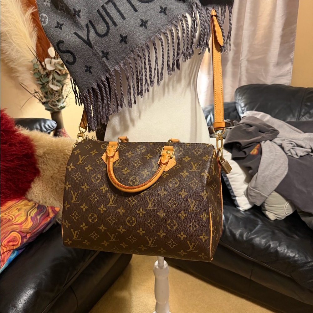 Louis Vuitton Brown Monogram Speedy Bag with Tan Leather Trim